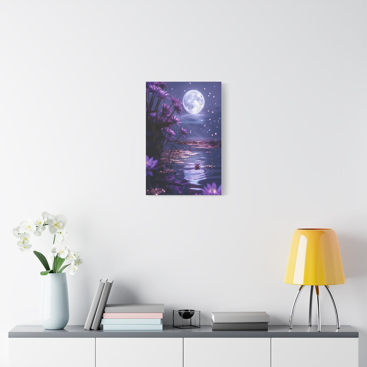 Moonlit Lotus Reverie – Purple Water Lily Moonlight Wall Art