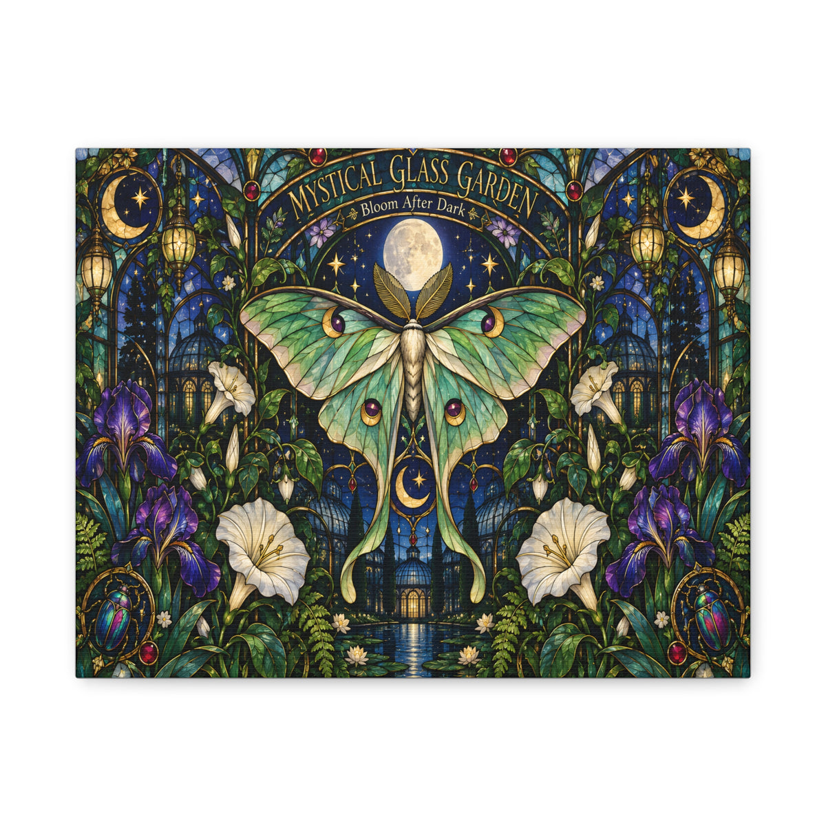 Mystical Glass Garden Luna Moth Canvas Print — 'Bloom After Dark' Stretched Art