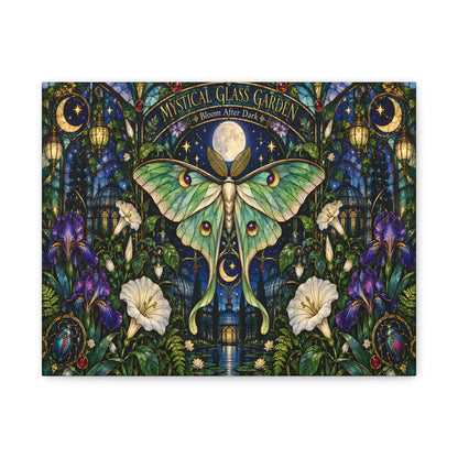 Mystical Glass Garden Luna Moth Canvas Print — 'Bloom After Dark' Stretched Art