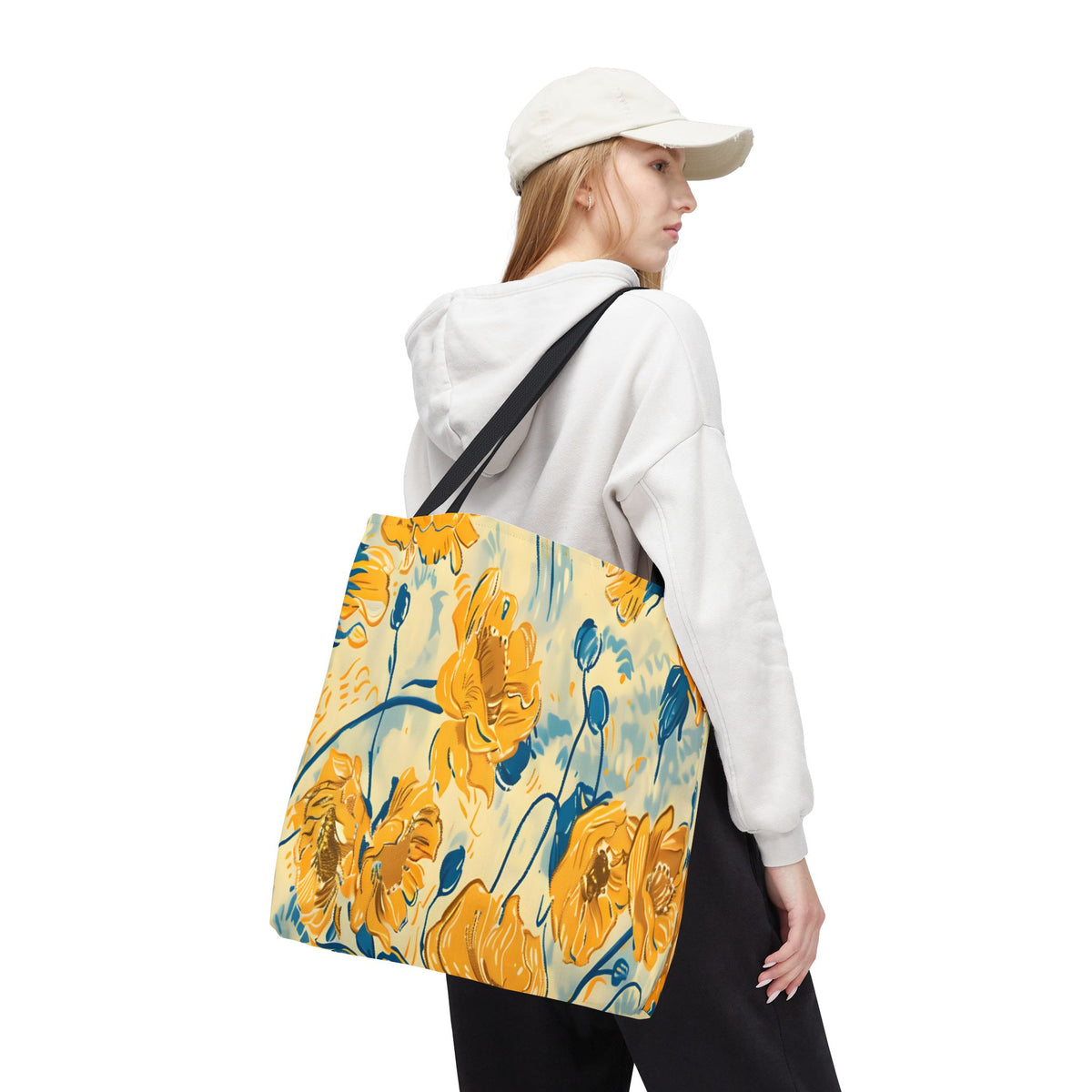 Golden Poppy Meadow Tote Bag – Yellow & Teal Painterly Floral Patter