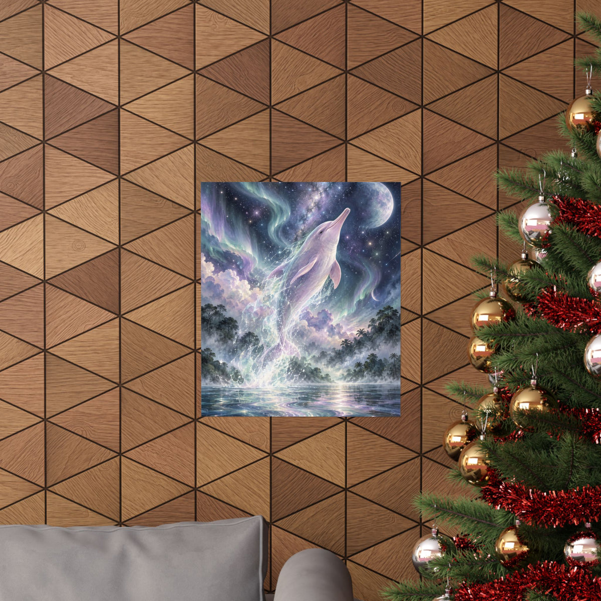 Celestial Dolphin’s Aurora Leap – Mystical Watercolor Wall Art
