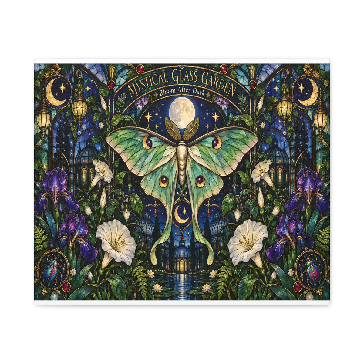 Mystical Glass Garden Luna Moth Canvas Print — 'Bloom After Dark' Stretched Art