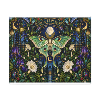 Mystical Glass Garden Luna Moth Canvas Print — 'Bloom After Dark' Stretched Art