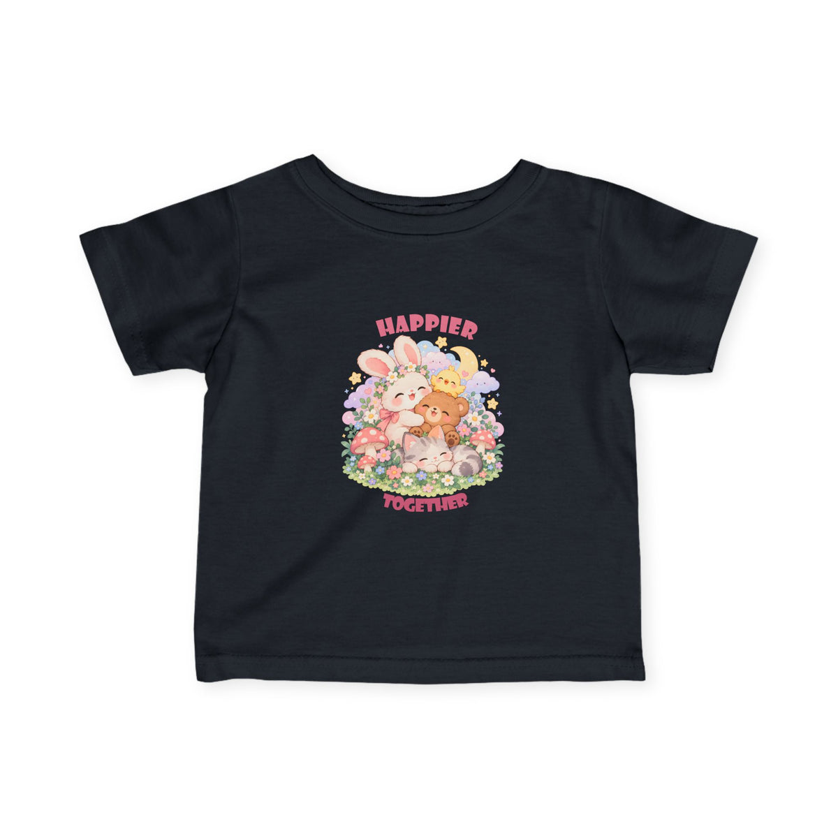 Infant Tee — "Happier Together" Floral Bunny & Bear Baby Shirt