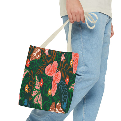 Floral Butterfly Tote Bag — Pink Butterflies on Green Botanical Print