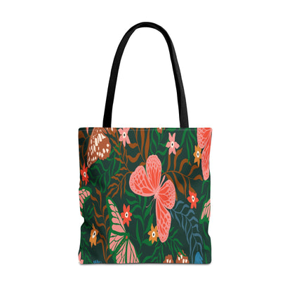 Floral Butterfly Tote Bag — Pink Butterflies on Green Botanical Print