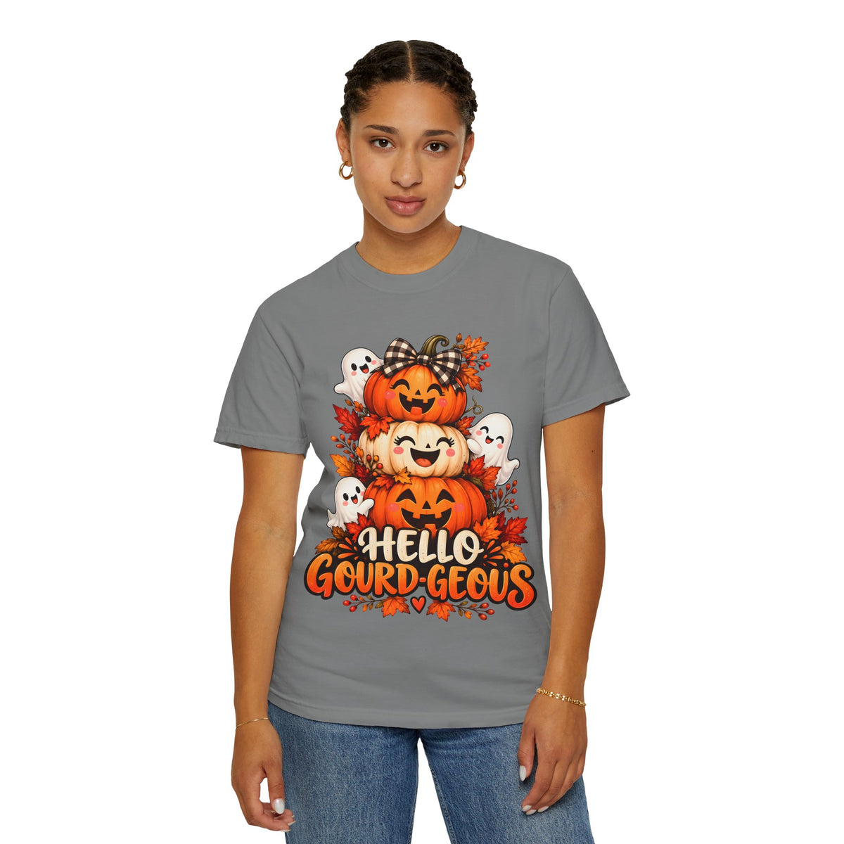Hello Gourd-Geous Halloween T-Shirt | Cute Pumpkin & Ghost Graphic Tee