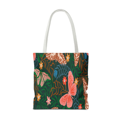 Floral Butterfly Tote Bag — Pink Butterflies on Green Botanical Print