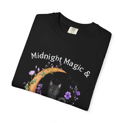 Mystical Black Cat & Crescent Moon Floral T-Shirt | Witchy Cat Tee