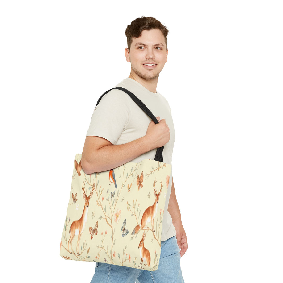 Floral Woodland Tote Bag - Deer & Birds Pattern