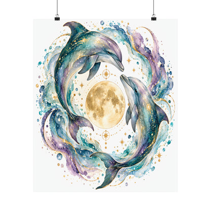 Twin Dolphin Moon Watercolor Art Print