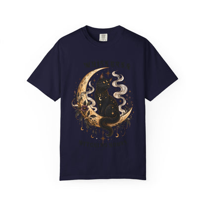 Mystical Black Cat Crescent Moon T-Shirt | Celestial Witchy Cat Tee