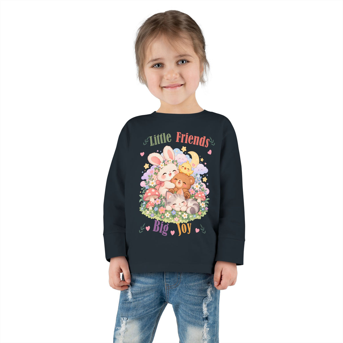 Toddler Long Sleeve Tee — "Little Friends, Big Joy" Cute Animal Floral Shirt for Babies