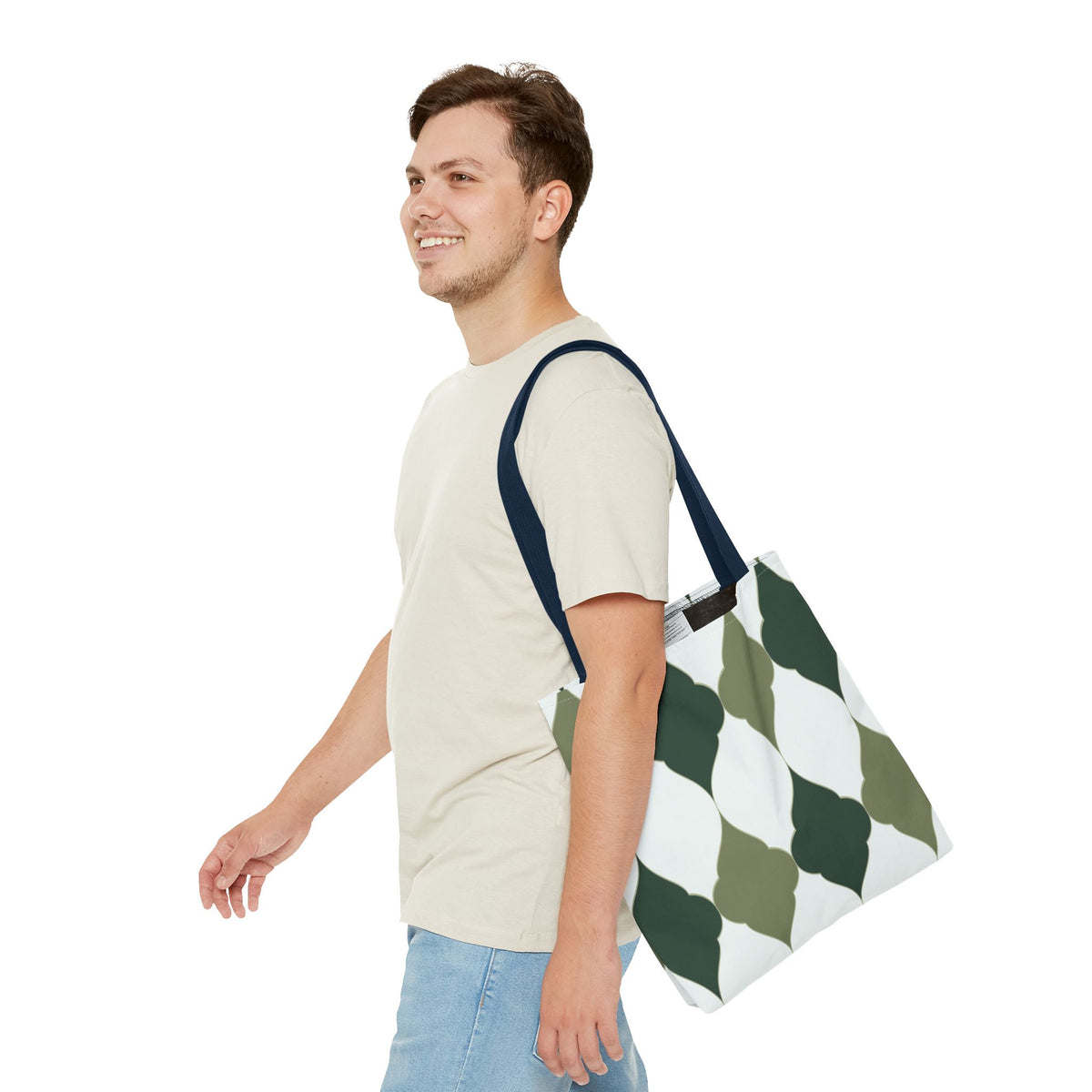 Green Moroccan Tile Pattern Tote Bag — All-Over Print Canvas Shopper