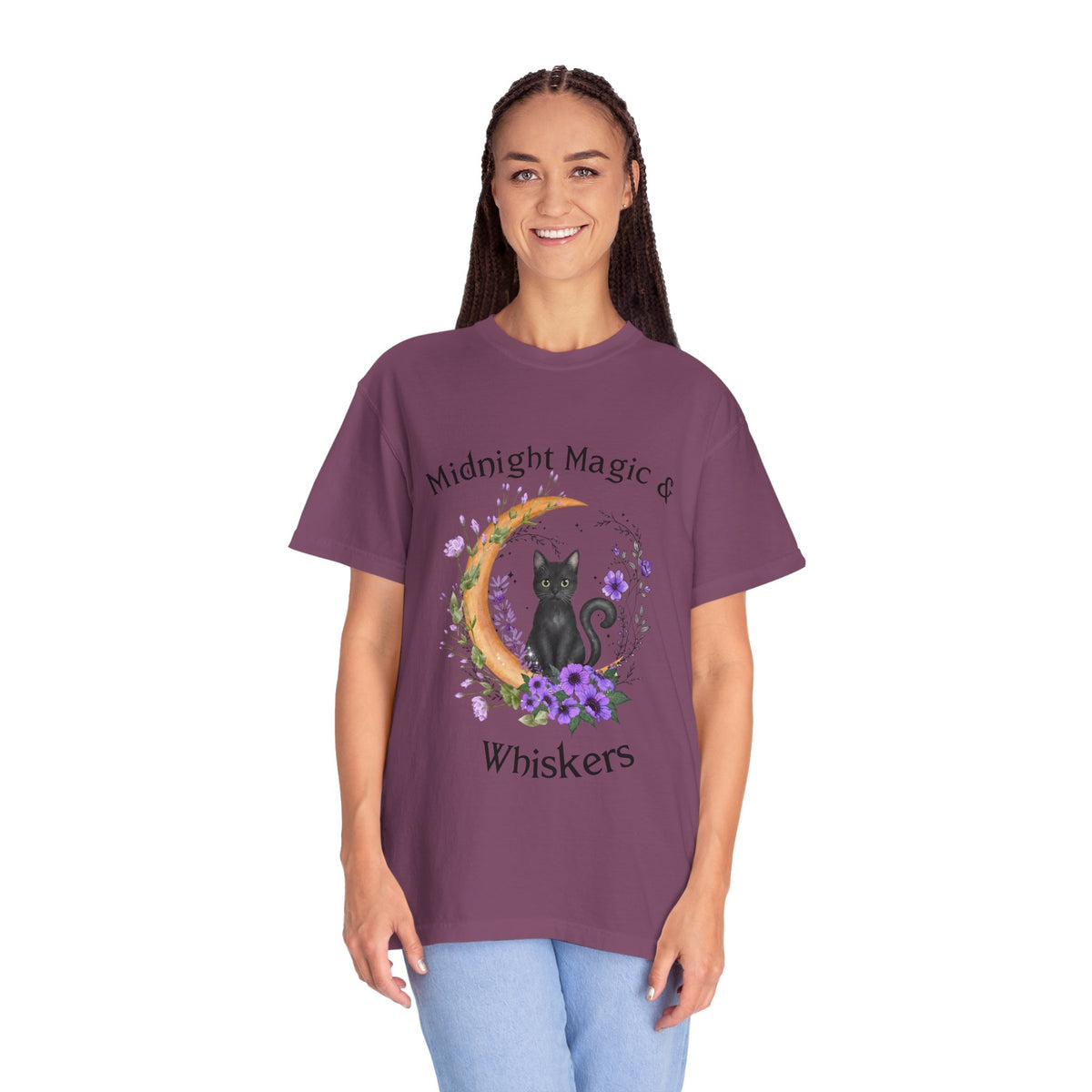Mystical Black Cat Crescent Moon Floral Graphic Tee – Witchy Cat Lover Shirt