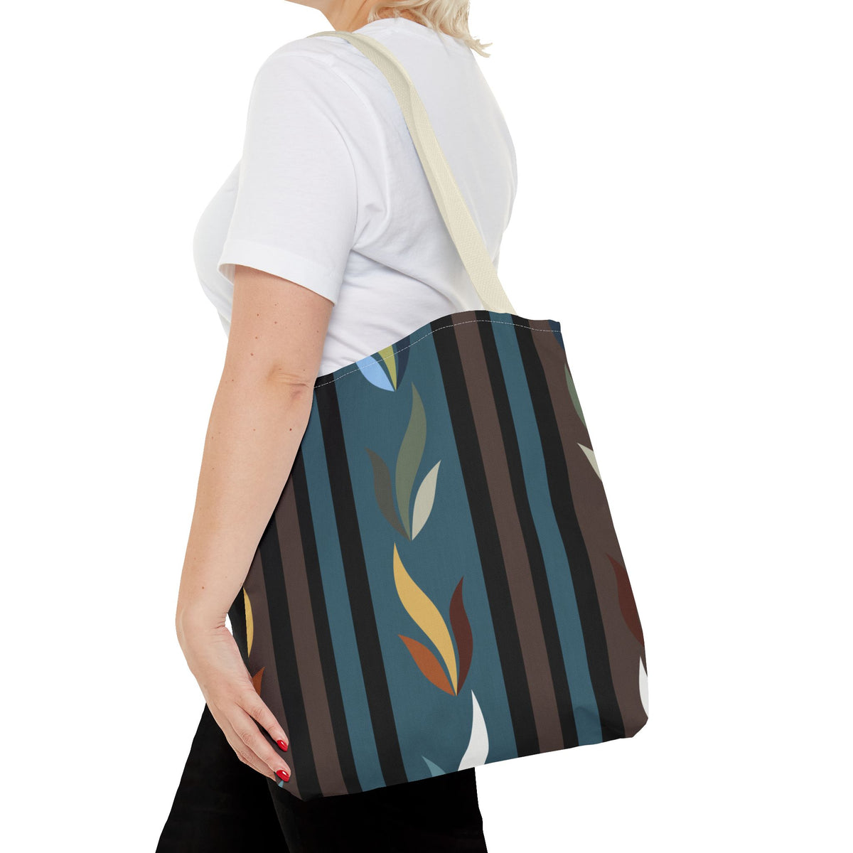 Autumn Stripe Leaf Tote Bag — Retro Boho AOP Canvas Tote