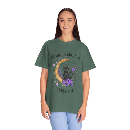 Mystical Black Cat Crescent Moon Floral Graphic Tee – Witchy Cat Lover Shirt