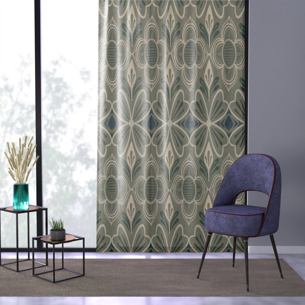 Nordic Folk Floral Sage & Cream Geometric Window Curtain — Green Floral Pattern Drapes