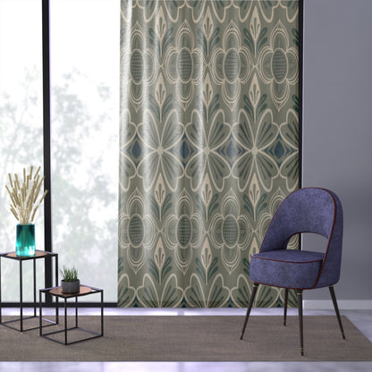 Nordic Folk Floral Sage & Cream Geometric Window Curtain — Green Floral Pattern Drapes