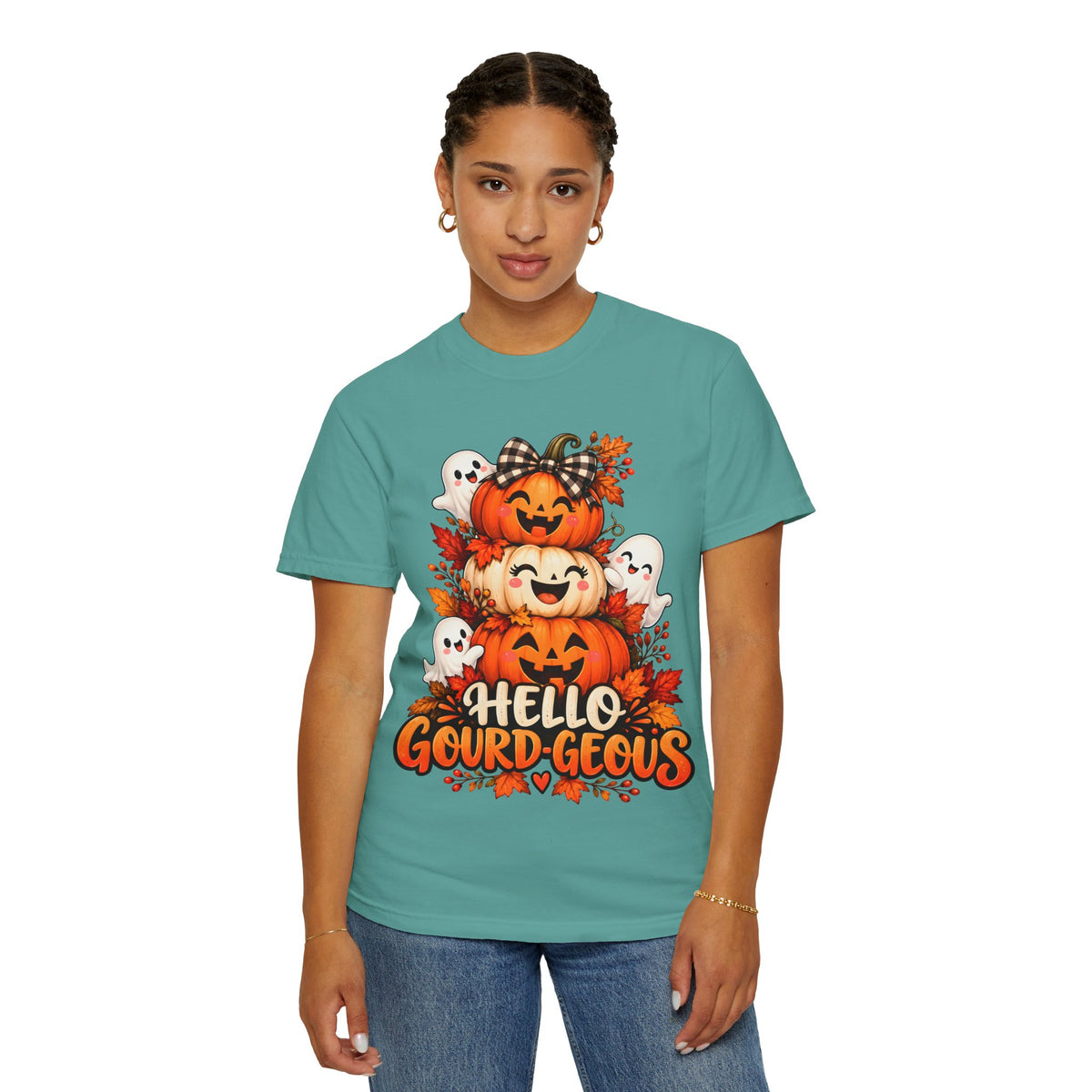 Hello Gourd-Geous Halloween T-Shirt | Cute Pumpkin & Ghost Graphic Tee