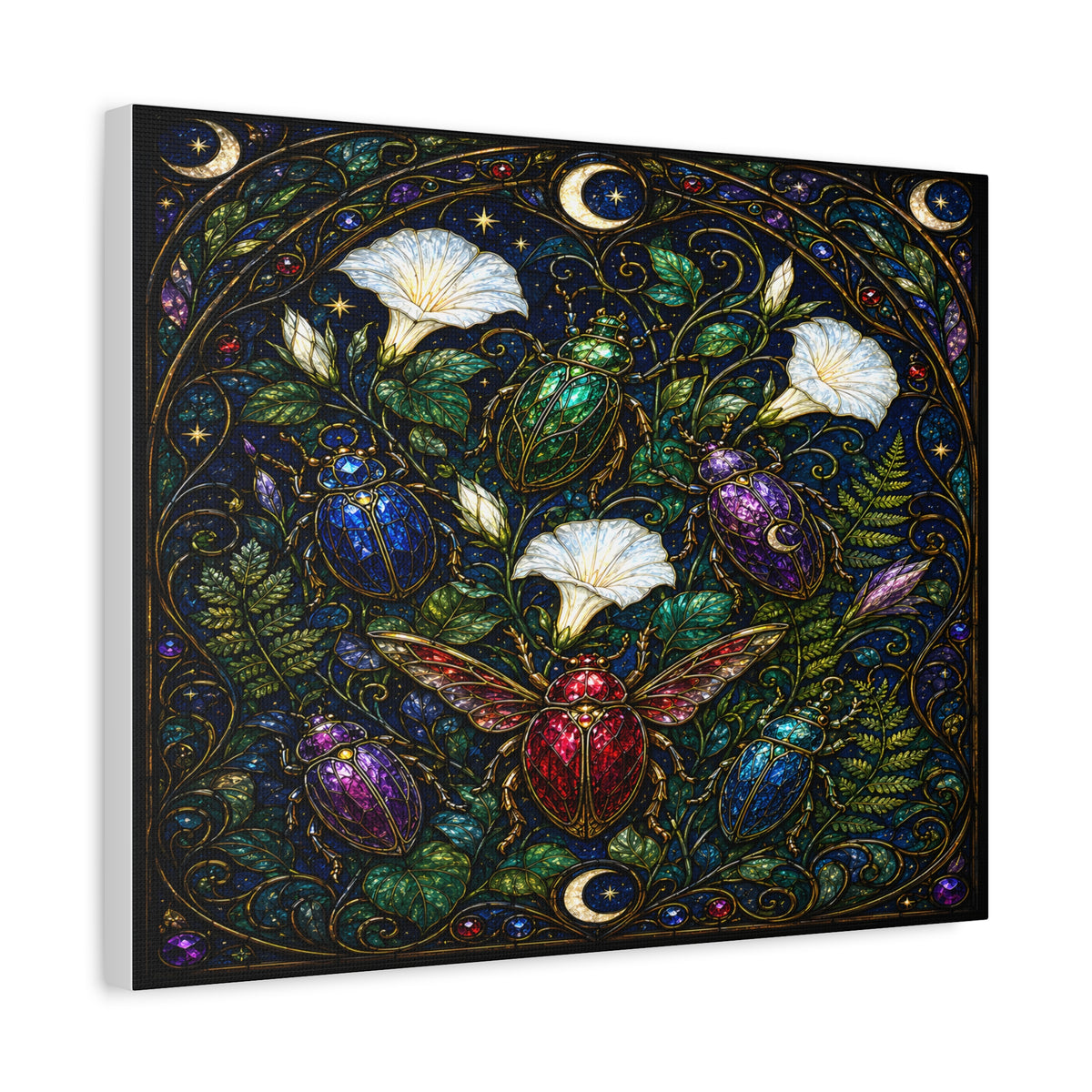 Jewel-toned beetles in an Art Nouveau stained-glass moonflower garden with ferns, crescent moons, stars, and dark botanical foliage.