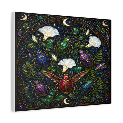 Jewel-toned beetles in an Art Nouveau stained-glass moonflower garden with ferns, crescent moons, stars, and dark botanical foliage.
