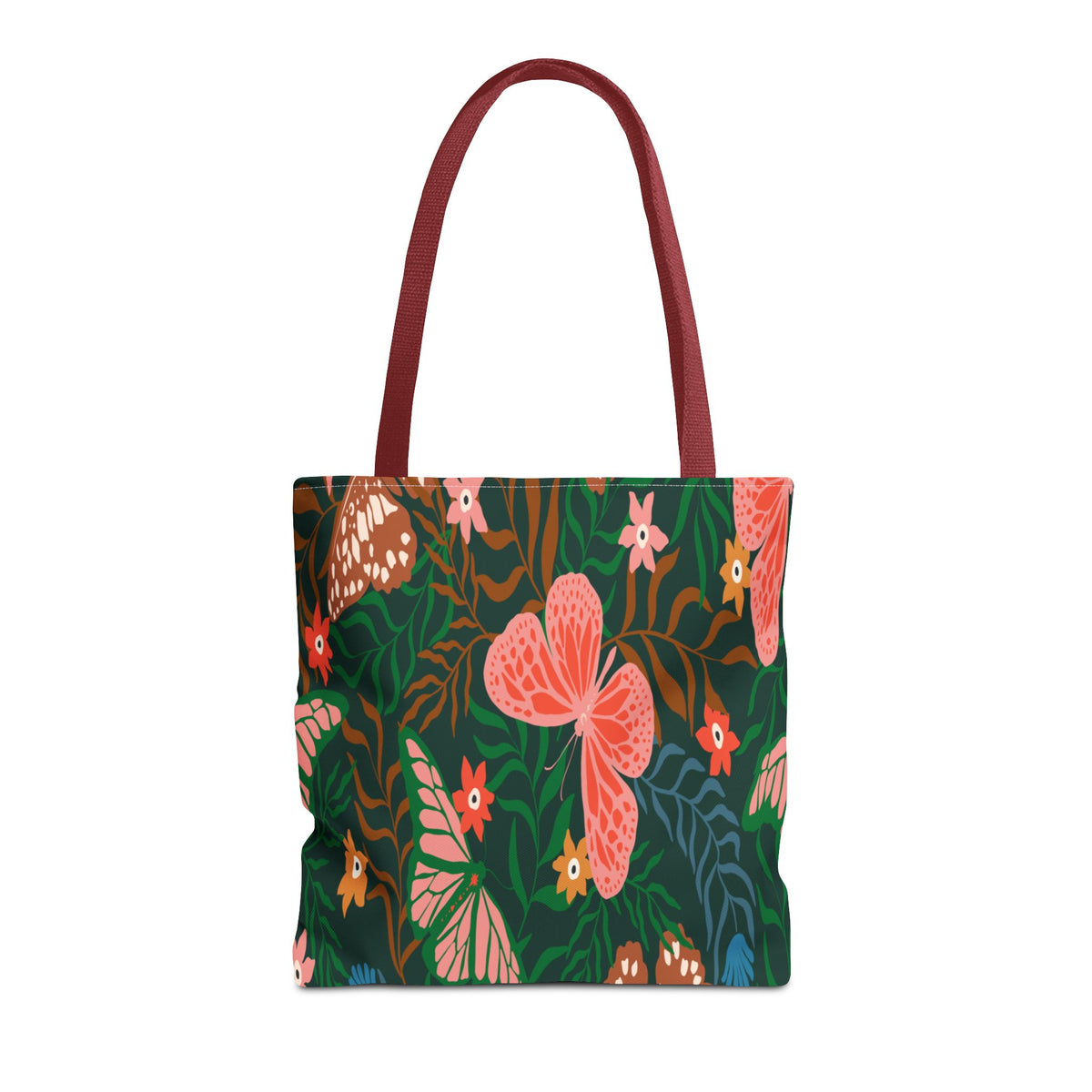 Floral Butterfly Tote Bag — Pink Butterflies on Green Botanical Print