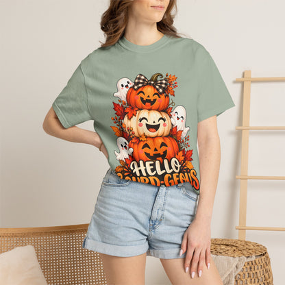 Hello Gourd-Geous Halloween T-Shirt | Cute Pumpkin & Ghost Graphic Tee