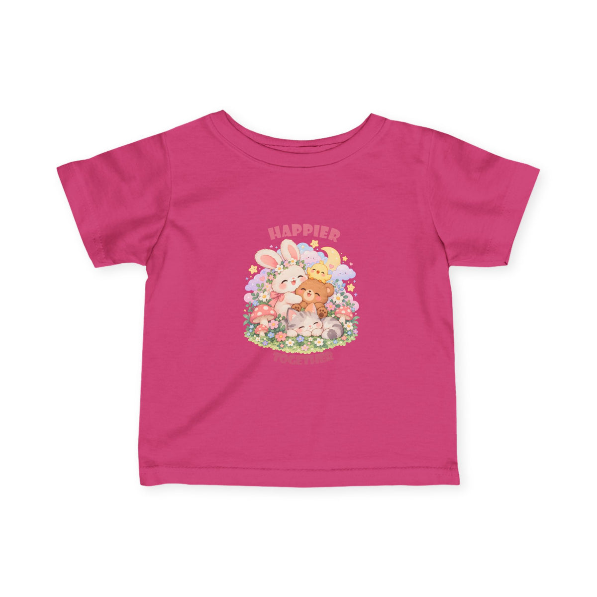 Infant Tee — "Happier Together" Floral Bunny & Bear Baby Shirt