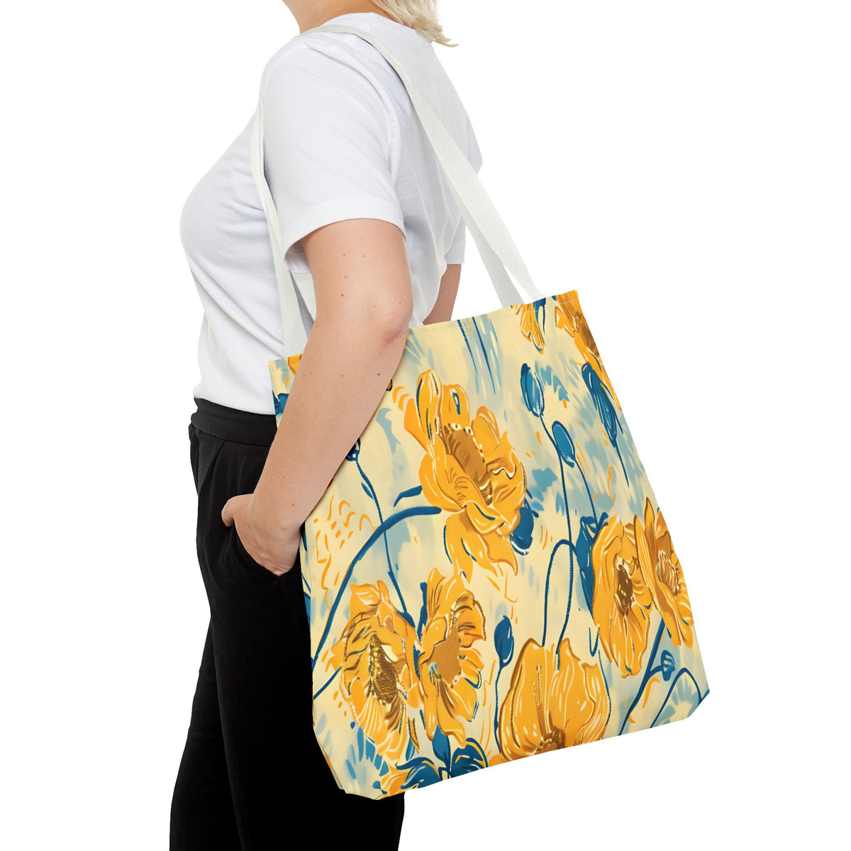 Golden Poppy Meadow Tote Bag – Yellow & Teal Painterly Floral Patter