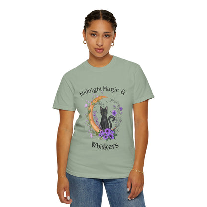 Mystical Black Cat Crescent Moon Floral Graphic Tee – Witchy Cat Lover Shirt