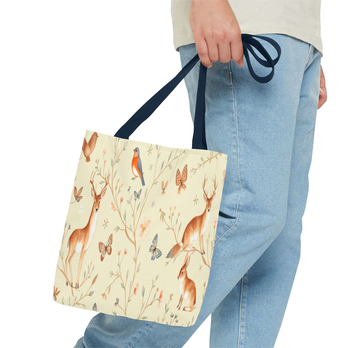 Floral Woodland Tote Bag - Deer & Birds Pattern