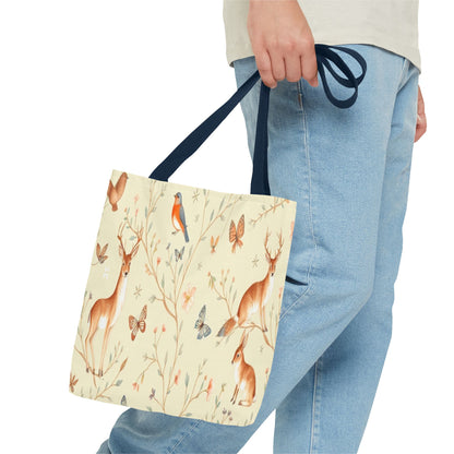 Floral Woodland Tote Bag - Deer & Birds Pattern