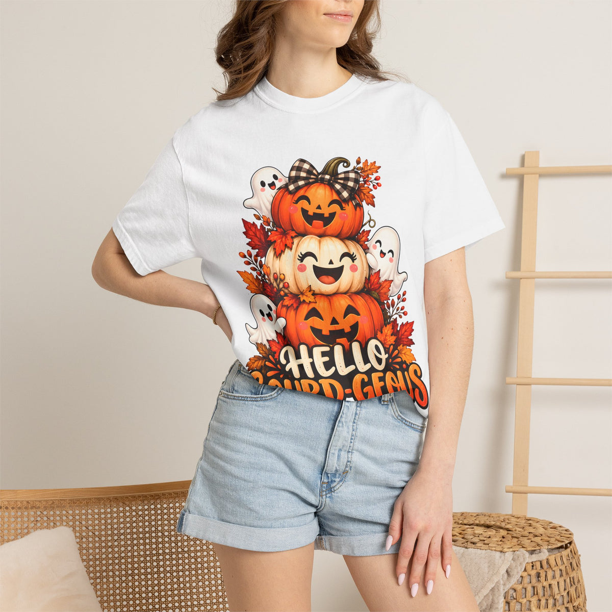 Hello Gourd-Geous Halloween T-Shirt | Cute Pumpkin & Ghost Graphic Tee