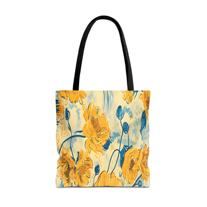 Golden Poppy Meadow Tote Bag – Yellow & Teal Painterly Floral Patter
