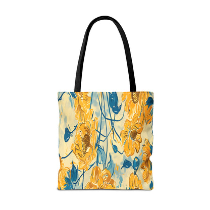 Golden Poppy Meadow Tote Bag – Yellow & Teal Painterly Floral Patter