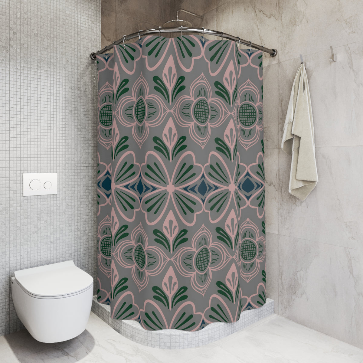Floral Tile Shower Curtain — Pink & Forest Green Retro Pattern