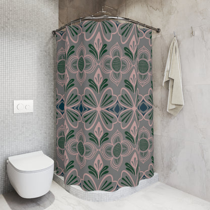 Floral Tile Shower Curtain — Pink & Forest Green Retro Pattern
