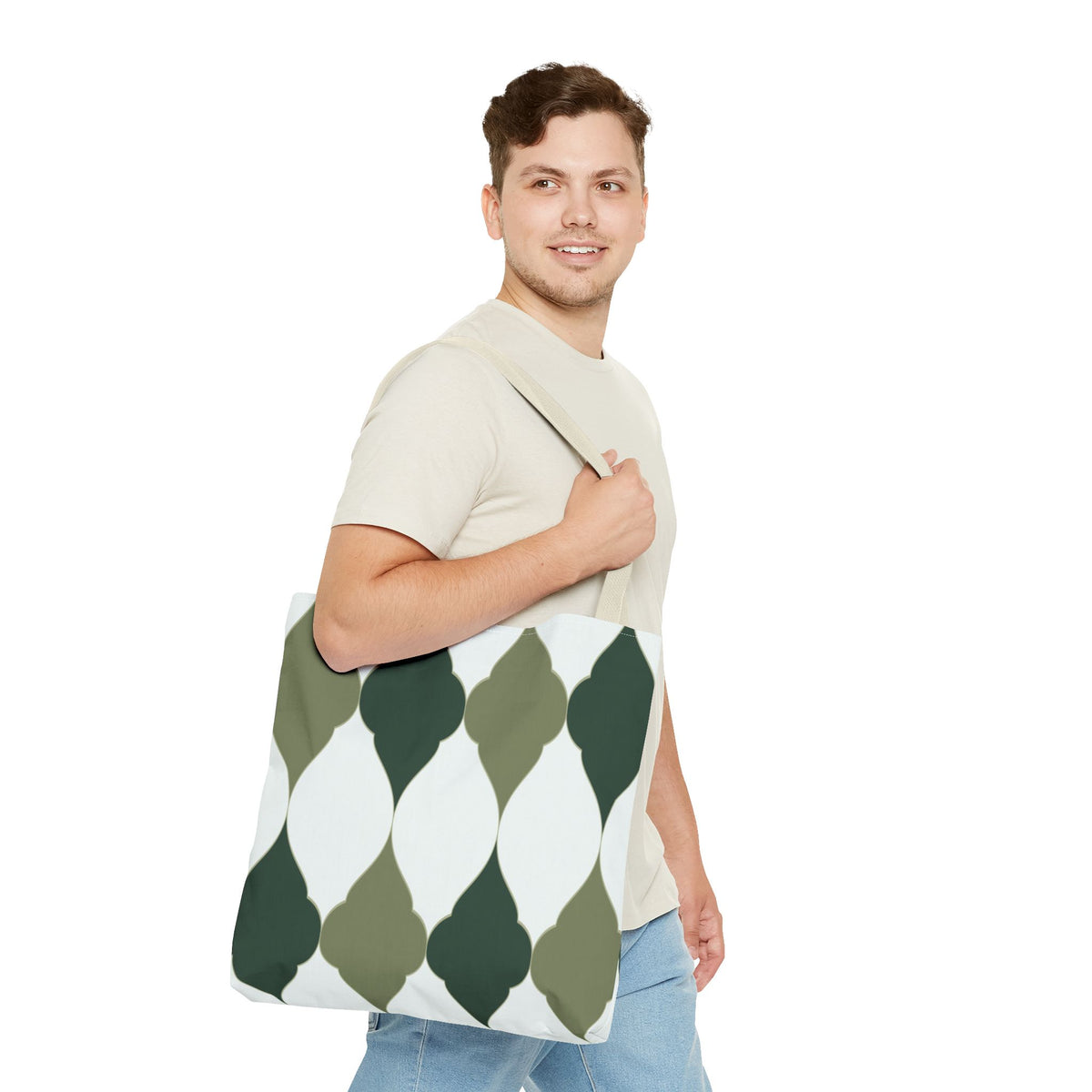 Green Moroccan Tile Pattern Tote Bag — All-Over Print Canvas Shopper