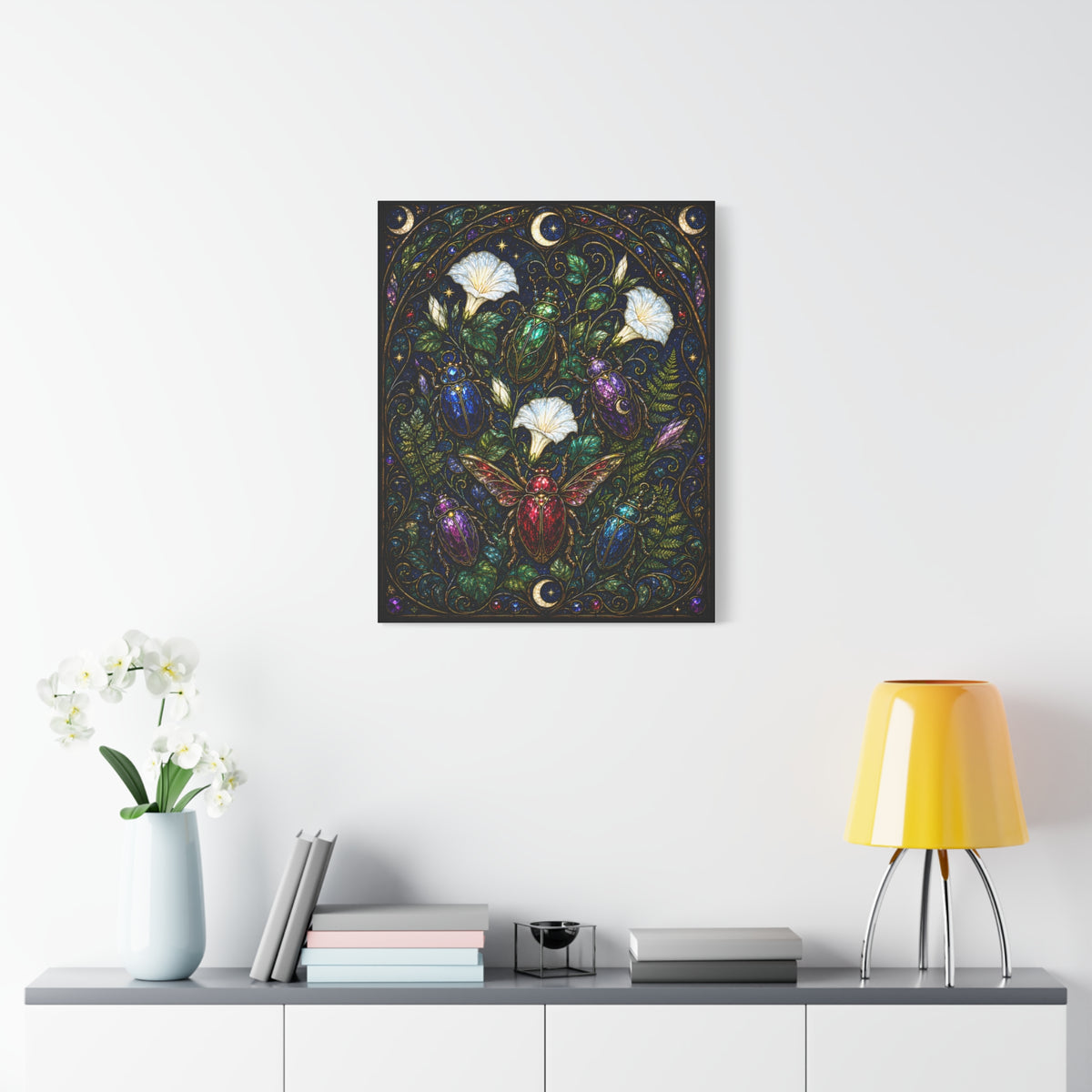Jewel-toned beetles in an Art Nouveau stained-glass moonflower garden with ferns, crescent moons, stars, and dark botanical foliage.
