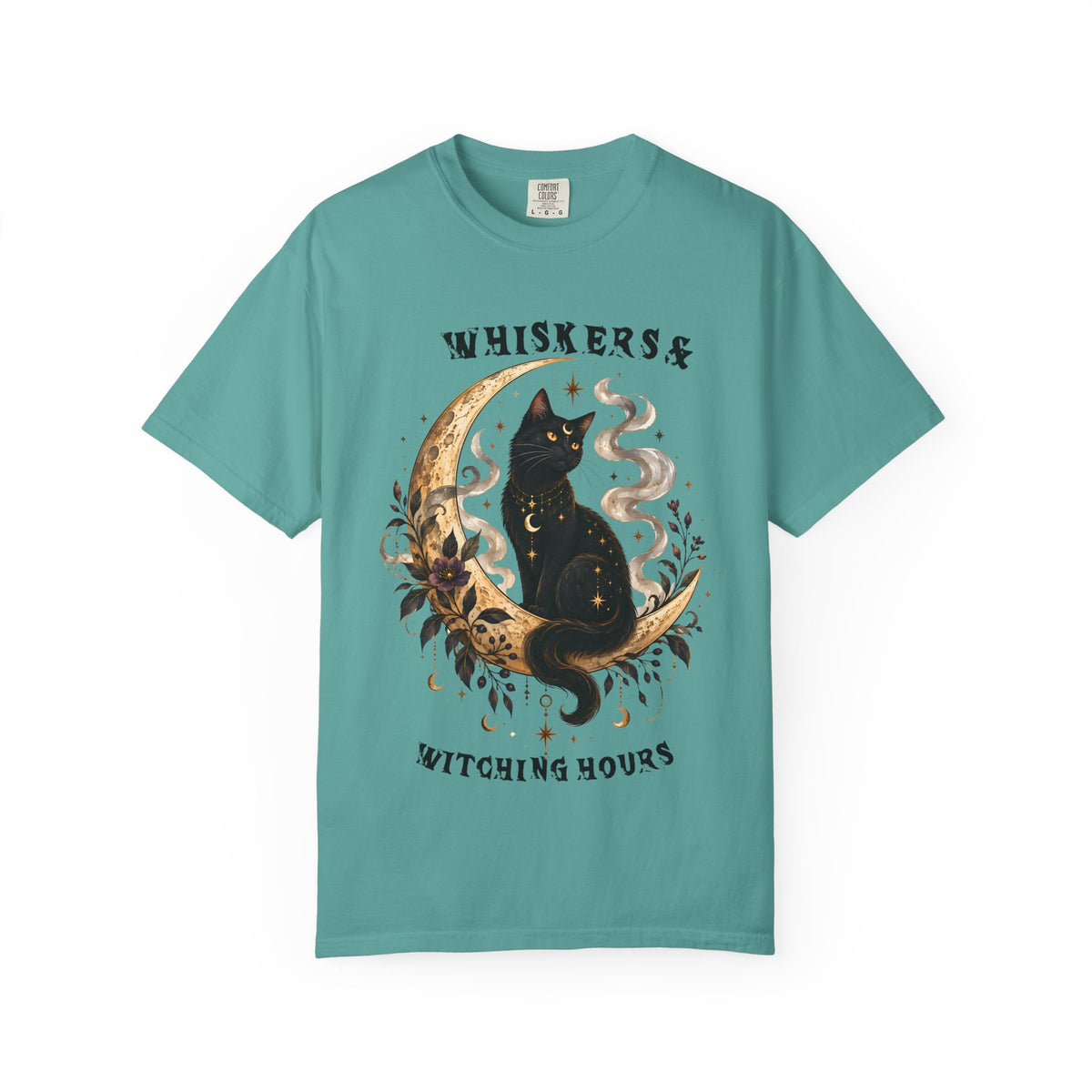 Mystical Black Cat Crescent Moon T-Shirt | Celestial Witchy Cat Tee