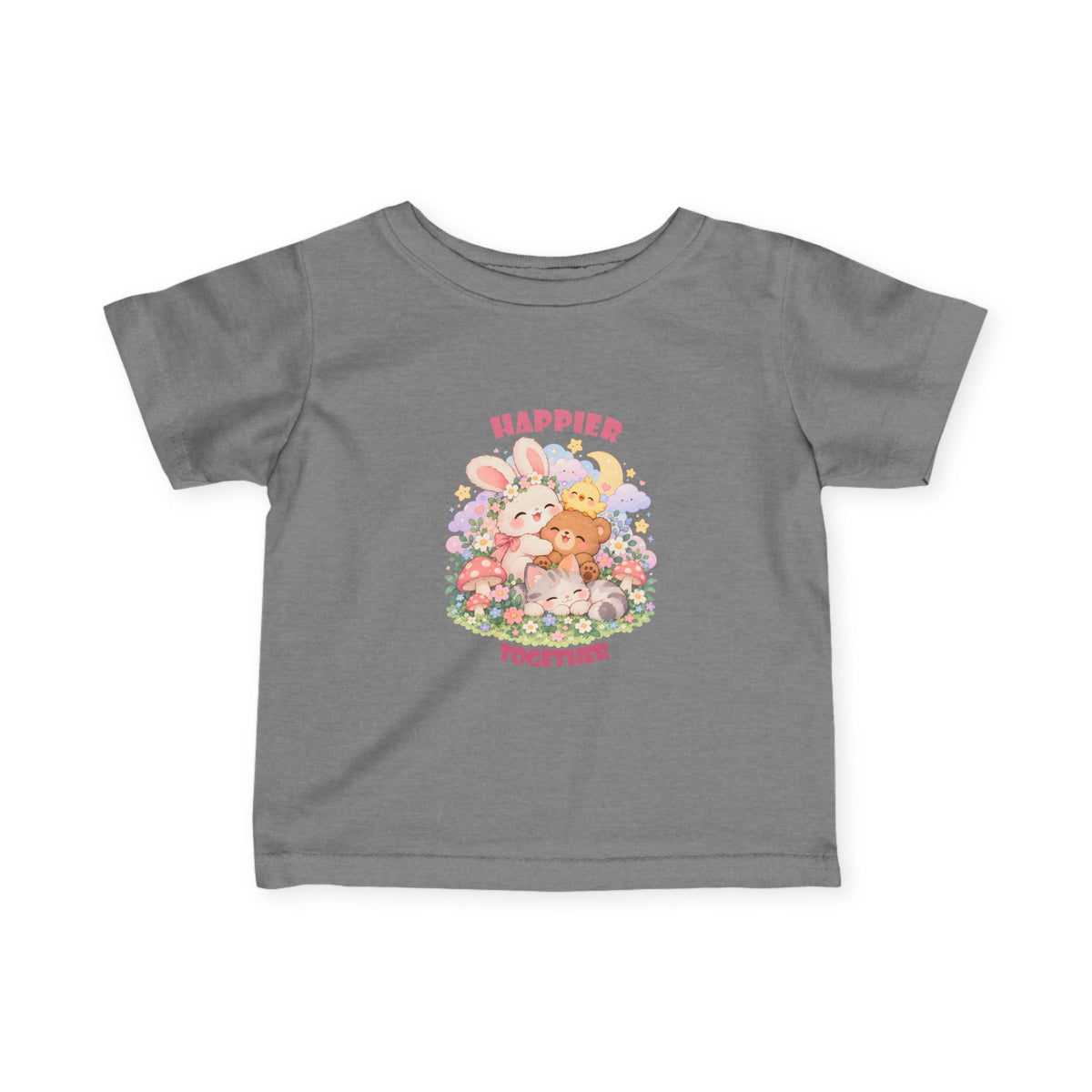 Infant Tee — "Happier Together" Floral Bunny & Bear Baby Shirt