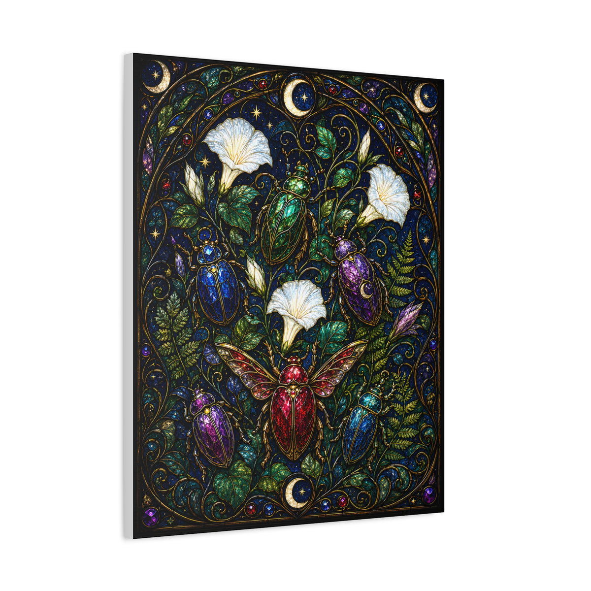 Jewel-toned beetles in an Art Nouveau stained-glass moonflower garden with ferns, crescent moons, stars, and dark botanical foliage.
