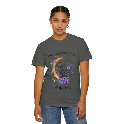 Mystical Black Cat Crescent Moon Floral Graphic Tee – Witchy Cat Lover Shirt