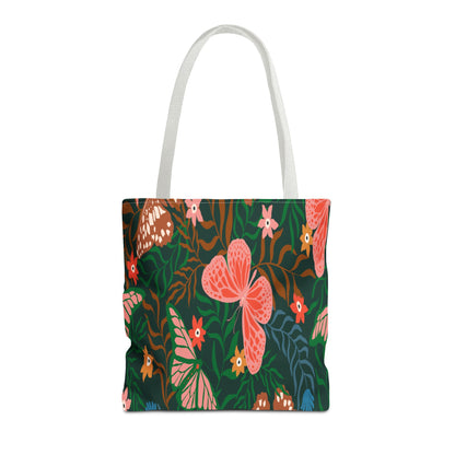 Floral Butterfly Tote Bag — Pink Butterflies on Green Botanical Print