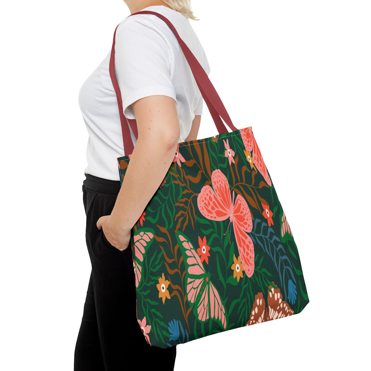 Floral Butterfly Tote Bag — Pink Butterflies on Green Botanical Print