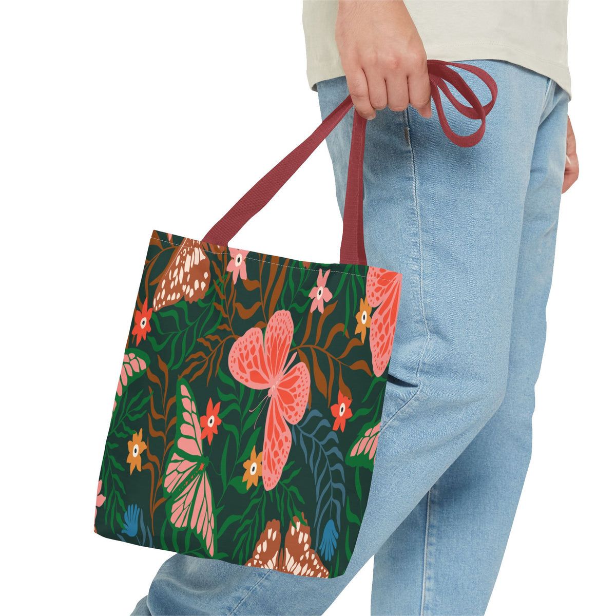 Floral Butterfly Tote Bag — Pink Butterflies on Green Botanical Print