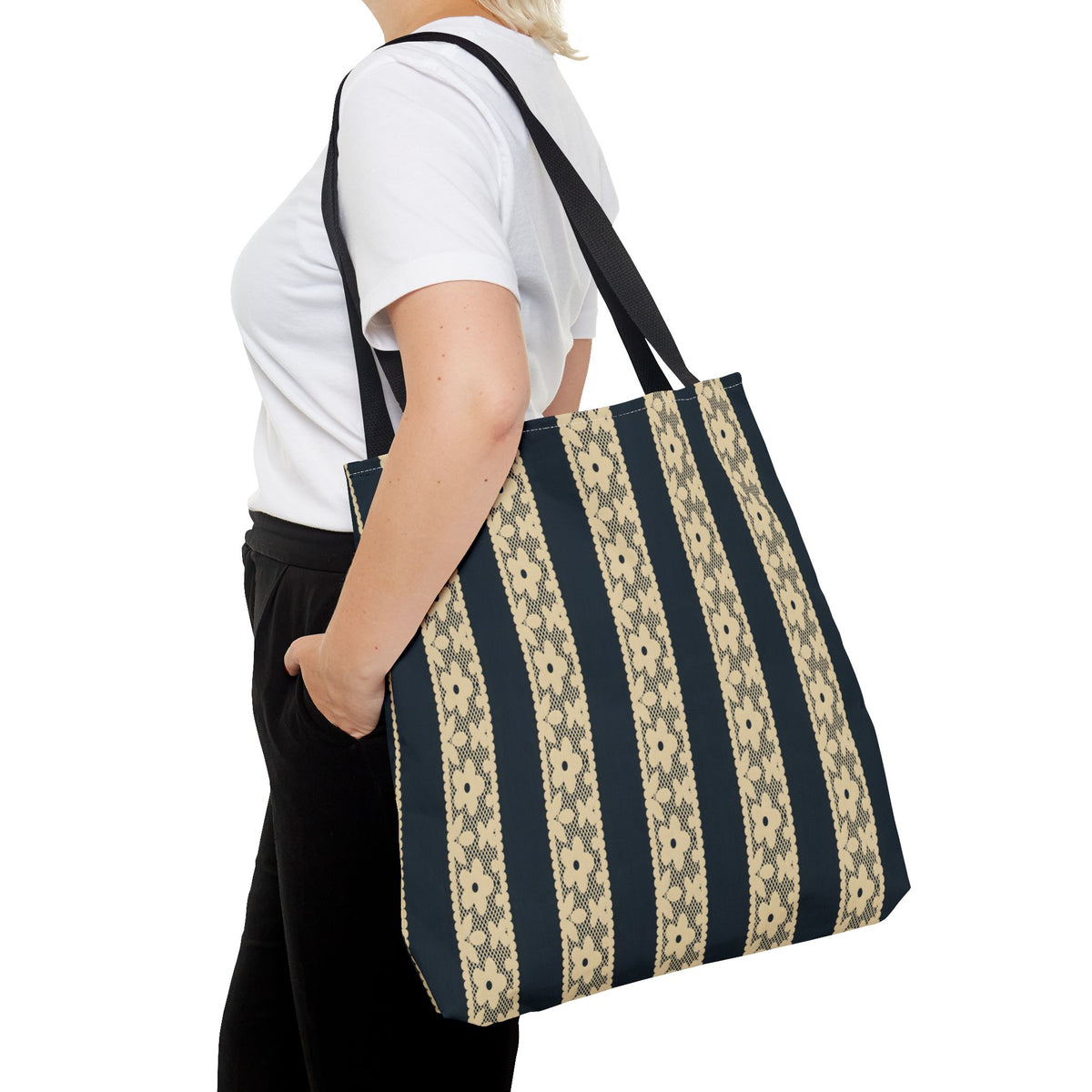 Lace Floral Yellow Black Stripe Tote Bag