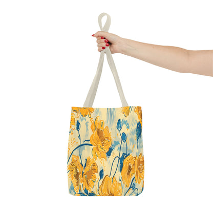 Golden Poppy Meadow Tote Bag – Yellow & Teal Painterly Floral Patter