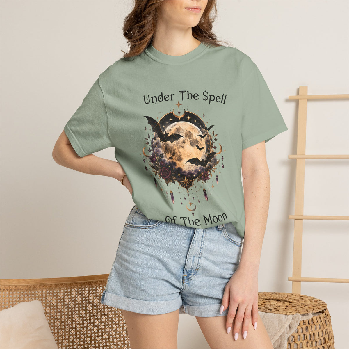 Moonlit Enchantment T-Shirt | Gothic Celestial Moon & Bats Graphic Tee